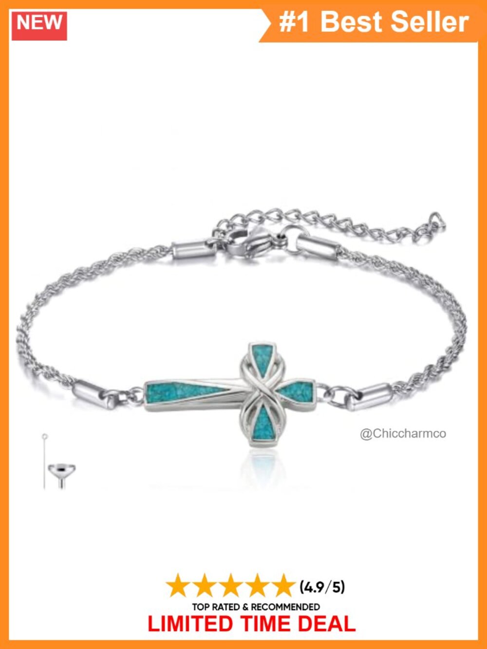 925 Sterling Silver Turquoise Cross Urn Bracelet Cremation Jewelry